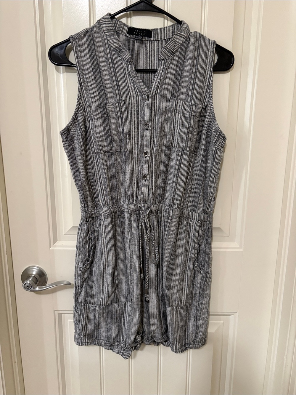 Kelly‎ Renee Linen  Sleeveless Gray Striped Button Romper with Drawstring Waist